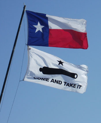 Story behind the flag: during the Texas Revolution, a small band of men defended the town of Gonzales against the Mexican Army with just one small cannon. Mexican forces were ordered to seize the cannon and once the Texans caught wind of this news, they fashioned the flag saying "COME AND TAKE IT" as a symbol of their defiance. TEXAS FOREVER.
